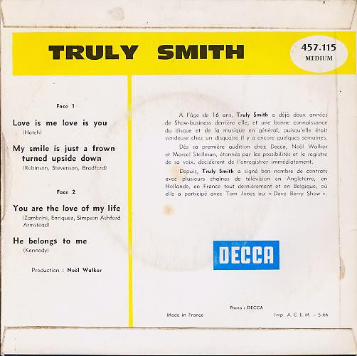 Image of Back Cover of 7" EP - VG/VG - TRULY SMITH, Love Is Love Love Is You (Decca ; 457.115 M, France 1966, Laminated Flipback Sleeve), Writing On Rear Sleeve, Split Spine,  - 4126090E