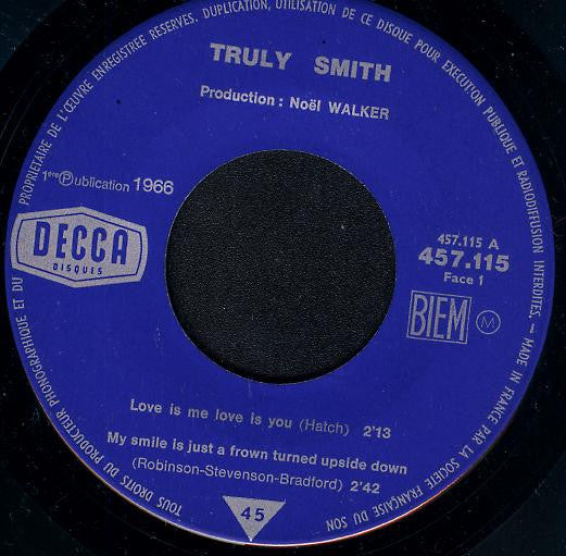 Image of Label Cover of 7" EP - VG/VG - TRULY SMITH, Love Is Love Love Is You (Decca ; 457.115 M, France 1966, Laminated Flipback Sleeve), Writing On Rear Sleeve, Split Spine,  - 4126090E