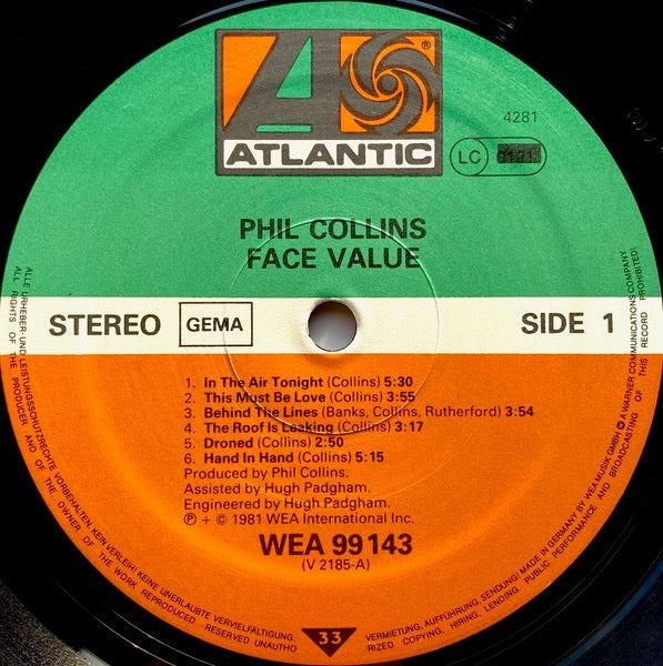 Image of Label Cover of LP - VG/VG - PHIL COLLINS, Face Value (Atlantic Green & Orange Labels With GEMA Box & LC Blacked Out; WEA 99 143, Germany 1981), A few wispy hairlines ,  - 4116080C
