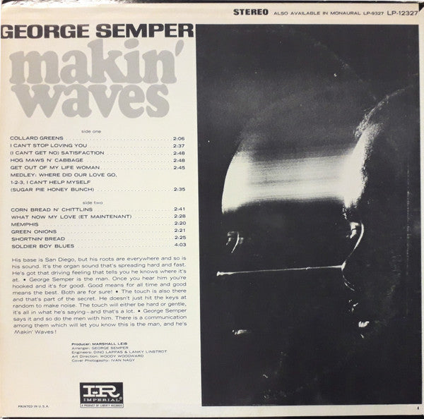 Image of Back Cover of LP - VG/VG - GEORGE SEMPER, Makin' Waves (Imperial; LP-12327 DJ, US 1966, Promo), Light hairlines. Edgewear. Ringwear. 'Audition Record' stamp on rear. ,  - 4126139E