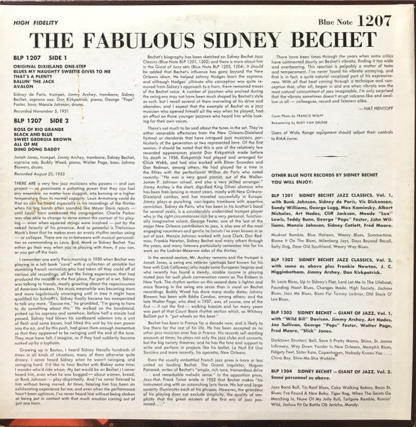 Image of Back Cover of LP - VG/VG - SIDNEY BECHET, The Fabulous Sidney Bechet (Blue Note (47 West 63rd. NYC); BLP 1207, US 1958, Deep Groove), ,  - 4126140E