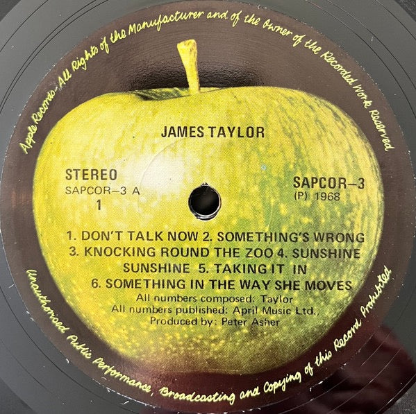 Image of Label Cover of LP - VG/G - JAMES TAYLOR, James Taylor (Apple Records; SAPCOR-3, South East Asia 1970s Reissue, Gatefold), Lots of fine hairlines when held to light, Light sleeve wear,  - 4116088C