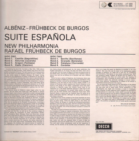 Image of Back Cover of LP - VG+/VG+ - FR HBECK DE BURGOS, NEW PHILHARMONIA, Alb niz: Suite Espa ola (Decca Black Unboxed Wideband - Made In England at 11 O'Clock - No Groove ED3; SXL 6355, UK 1969 Reissue, Laminated Front Sleeve With Indicator Hole, Blue Border Decca Inner), ,  - 4126142E