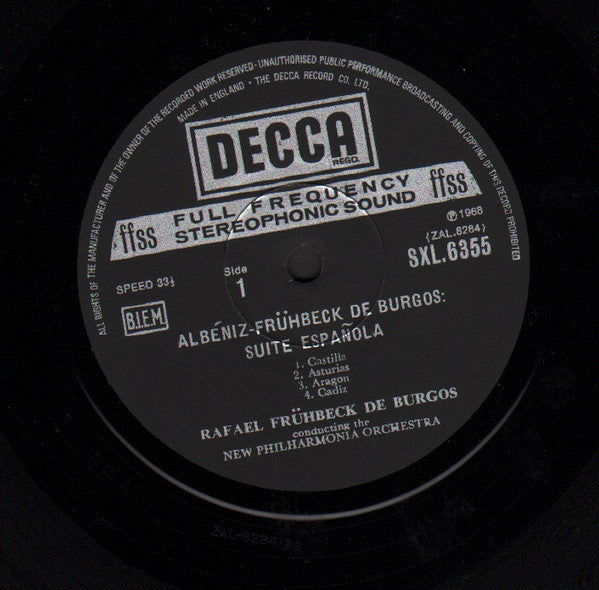 Image of Label Cover of LP - VG+/VG+ - FR HBECK DE BURGOS, NEW PHILHARMONIA, Alb niz: Suite Espa ola (Decca Black Unboxed Wideband - Made In England at 11 O'Clock - No Groove ED3; SXL 6355, UK 1969 Reissue, Laminated Front Sleeve With Indicator Hole, Blue Border Decca Inner), ,  - 4126142E