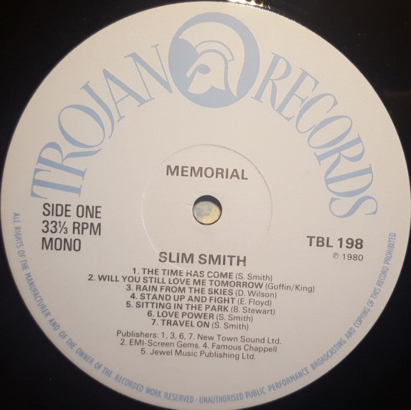 Image of Label Cover of LP - G+/G+ - SLIM SMITH, Memorial (Trojan Records; TBL 198, UK 1980 Reissue), Tape Across Top And Bottom Sleeve, Writing On Sleeve,  - 4146077S