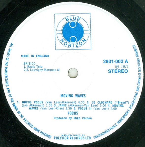 Image of Label Cover of LP - VG/VG - FOCUS, Moving Waves (Blue Horizon White/Blue Labels With Publishing Credits Over Three Lines On Side One; 2931 002, UK 1971), Strong VG, Name on front of sleeve,  - 4116097C
