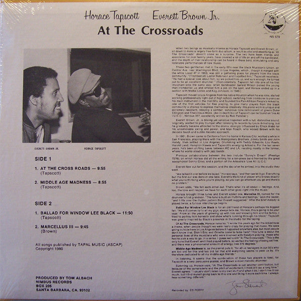 Image of Back Cover of LP - VG/VG - HORACE TAPSCOTT, EVERETT BROWN JR., At The Crossroads (Nimbus West Records; NS 579, US 1980, Pasteback Sleeve), Light wear to cover. Rear signed by Horace Tapscott but not authenticated. Light marks on disc.,  - 4146087S