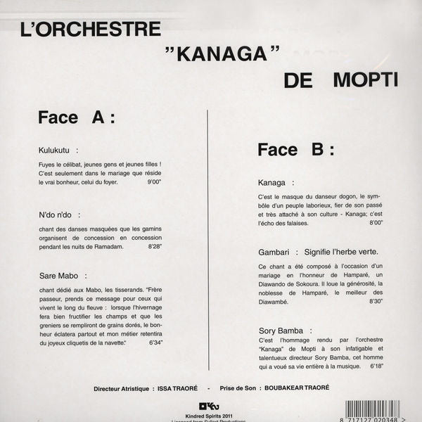 Image of Back Cover of LP - VG/VG - L'ORCHESTRE KANAGA DE MOPTI, L'Orchestre Kanaga De Mopti (Kindred Spirits; KS-MALI-01, Netherlands 2011 Reissue, Insert), A few light hairlines. Hint of ringwear, mild edgewear, tiny bit of foxing on rear sleeve. ,  - 4126164E