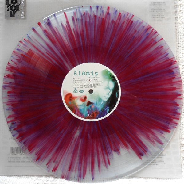 Image of Front Cover of LP - VG/VG+ - ALANIS MORISSETTE, The Demos: 1994 - 1998 (Maverick; R1 553461, USA, Canada & Europe 2016, Stickered Plastic Sleeve, Insert, RSD 2016 Limited To 4500 On Clear Vinyl With Red, Purple & Blue Splatter Vinyl. ), Plastic sleeve is split at the bottom.,  - 4116158C