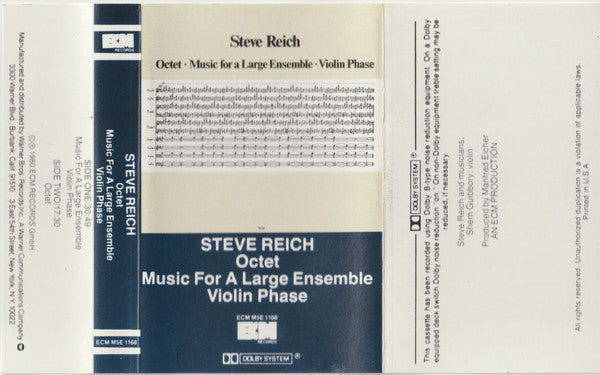 Image of Front Cover of Cassette - VG/VG - STEVE REICH, Octet   Music For A Large Ensemble   Violin Phase (ECM Records ; ECM M5E 1168, US 1980, J-Card), ,  - 4136086E
