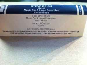 Image of Back Cover of Cassette - VG/VG - STEVE REICH, Octet   Music For A Large Ensemble   Violin Phase (ECM Records ; ECM M5E 1168, US 1980, J-Card), ,  - 4136086E