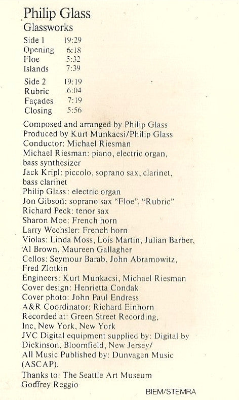 Image of Back Cover of Cassette - VG/VG - PHILIP GLASS, Glassworks (CBS ; 40-73640, UK & Europe 1982, J-Card), ,  - 4136087E