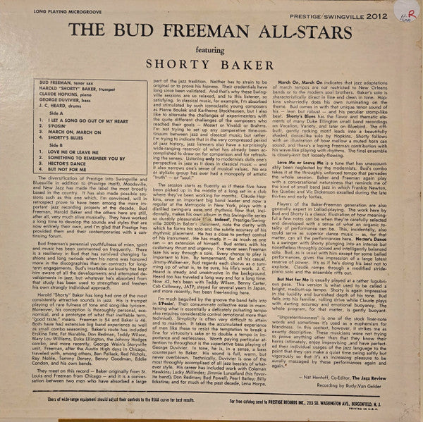 Image of Back Cover of LP - VG+/VG+ - THE BUD FREEMAN ALL-STARS FEATURING SHORTY BAKER, The Bud Freeman All-Stars Featuring Shorty Baker (Prestige Swingville; 2012, US 1961, Pasteback Sleeve), ,  - 4126214E