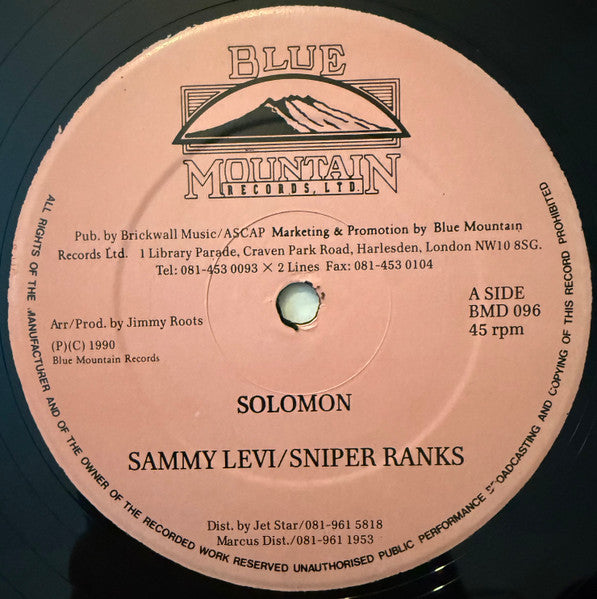 Image of Front Cover of LP - /VG+ - SAMMY LEVI / SNIPER RANKS, Solomon (Blue Mountain Records Ltd.; BMD 096, UK 1990), WOL.,  - 4146053S