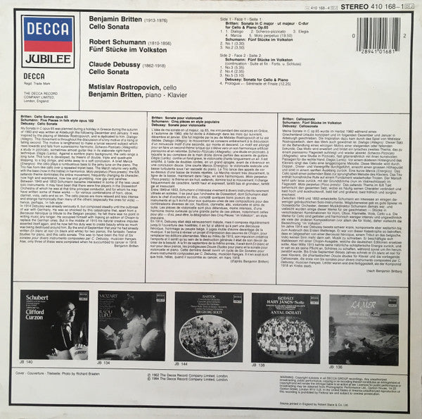 Image of Back Cover of LP - VG+/VG+ - MSTISLAV ROSTROPOVICH, BENJAMIN BRITTEN, Cello Sonatas / F nf Stucke Im Volkston (Decca; 410 168-1, UK 1984), ,  - 4126256E