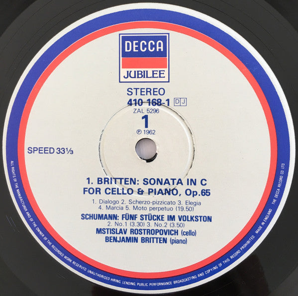 Image of Label Cover of LP - VG+/VG+ - MSTISLAV ROSTROPOVICH, BENJAMIN BRITTEN, Cello Sonatas / F nf Stucke Im Volkston (Decca; 410 168-1, UK 1984), ,  - 4126256E