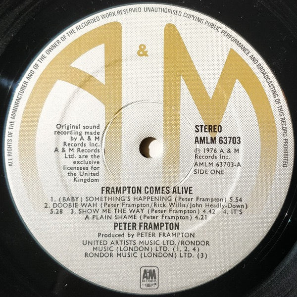 Image of Label Cover of 2xLP - VG/VG+ - PETER FRAMPTON, Frampton Comes Alive! (A&M Records Silver/Gold Labels With Rondor Printed As Last Credit On Disc 1; AMLM 63703, UK 1976 Reissue, Gatefold), ,  - 4116178C