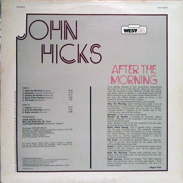 Image of Back Cover of LP - VG/VG - JOHN HICKS, After The Morning (West 54; WLW 8004, US 1979), Solid VG across the board. Some fading to spine and a few creases.,  - 4116204C
