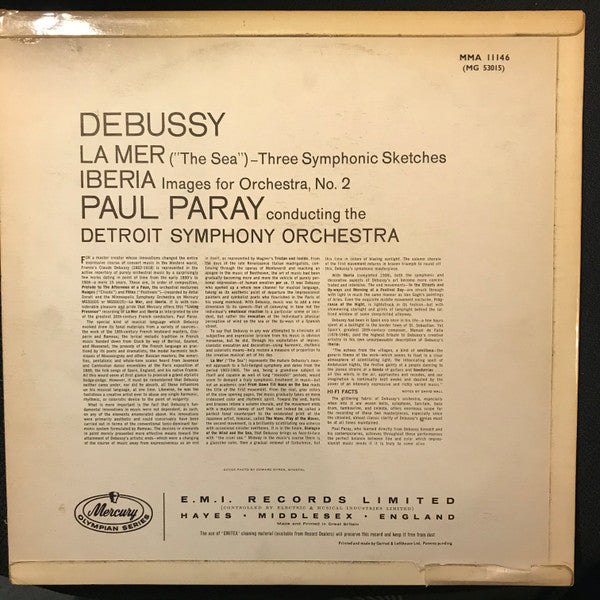 Image of Back Cover of LP - VG+/VG - PAUL PARAY, DETROIT SYMPHONY ORCHESTRA, Debussy: La Mer / Iberia (Mercury Living Presence; MMA 11146, UK 1958), Strong VG,  - 4126268E