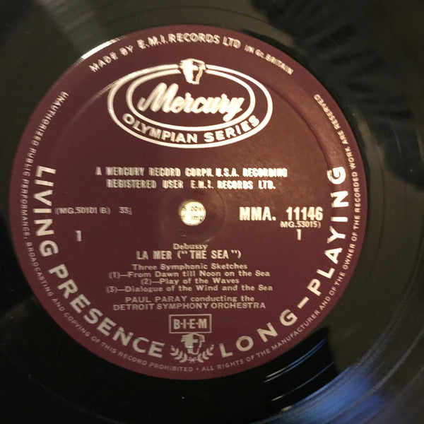 Image of Label Cover of LP - VG+/VG - PAUL PARAY, DETROIT SYMPHONY ORCHESTRA, Debussy: La Mer / Iberia (Mercury Living Presence; MMA 11146, UK 1958), Strong VG,  - 4126268E