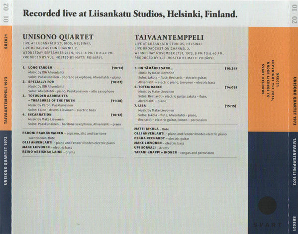 Image of Back Cover of CD - EX/EX - UNISONO QUARTET AND TAIVAANTEMPPELI, Jazz Liisa Live In Studio 01 / 02 (Svart Records; SRE021, Finland 2016, Jewel Case), ,  - 4136151E