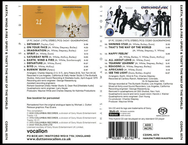 Image of Back Cover of CD - VG+/VG+ - EARTH, WIND & FIRE, Spirit & That's The Way Of The World (Vocalion; CDSML 8574, UK 2020 Reissue, SACD Hybrid, Multichannel, Quadraphonic, Compilation, Remastered), ,  - 4156077S