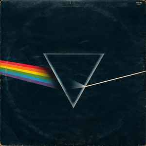 Image of Back Cover of LP - G/G+ - PINK FLOYD, The Dark Side Of The Moon (Harvest Black/Solid Blue; SHVL 804, UK 1973, Gatefold, Black Inner, 2 Posters, 1 Sticker, A2/ B2 Matrix, Grammophone Labels at 10 o'clock), Record Is Close To VG, Surface Noise And Pops. Sleeve Has Split Seems, Edge Wear And Ring Wear., Very first pressing with SOLID BLUE TRIANGLE LABELS. Grammophone Company Limited at 10 o'clock. EMI Boxed logo. Standard Black Sleeve. Gatefold with one side opening. Comes with NO Posters OR Stickers.