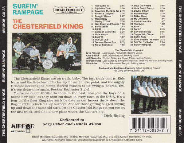Image of Back Cover of CD - VG+/VG+ - THE CHESTERFIELD KINGS, Surfin' Rampage (Mirror Records Inc.; MIRROR CD-23, US 1997), ,  - 4156079S