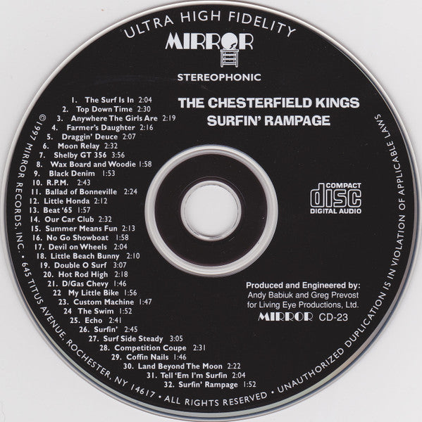 Image of Label Cover of CD - VG+/VG+ - THE CHESTERFIELD KINGS, Surfin' Rampage (Mirror Records Inc.; MIRROR CD-23, US 1997), ,  - 4156079S