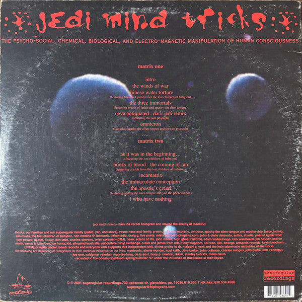 Image of Back Cover of 12" - G/G+ - JEDI MIND TRICKS, The Psycho-Social, Chemical, Biological, And Electro-Magnetic Manipulation Of Human Consciousness (Superegular Recordings; ONE1031, US 1997), Lots of marks. Plays well above grade! Wear to sleeve with heavy creasing around edges & ringwear.,  - 4126307E