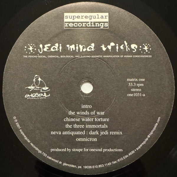 Image of Label Cover of 12" - G/G+ - JEDI MIND TRICKS, The Psycho-Social, Chemical, Biological, And Electro-Magnetic Manipulation Of Human Consciousness (Superegular Recordings; ONE1031, US 1997), Lots of marks. Plays well above grade! Wear to sleeve with heavy creasing around edges & ringwear.,  - 4126307E