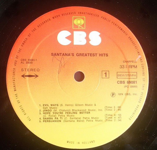 Image of Label Cover of LP - VG/VG - SANTANA, Santana's Greatest Hits (CBS Sunburst Labels With Made In Holland ; CBS 69081, Europe 1970s Reissue, Inner), Hairline marks, Sleeve has a crease,  - 4116240C