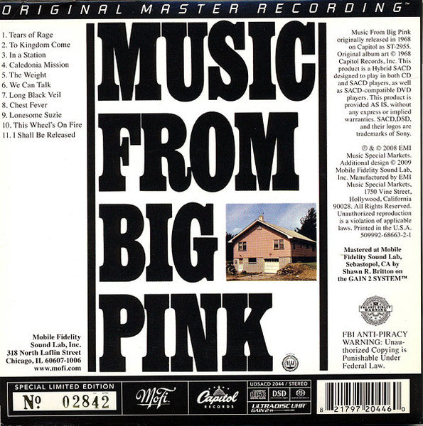 Image of Back Cover of CD - VG+/EX - THE BAND, Music From Big Pink (Mobile Fidelity Sound Lab; UDSACD 2044, US 2009 Reissue, SACD, Limited Edition, Numbered, Reissue, Remastered, Mini-LP Packaging), No. 05259,  - 4156034S