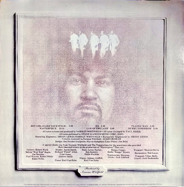 Image of Back Cover of LP - VG+/VG+ - THE TEMPTATIONS, Masterpiece (Gordy; G965L, US Reissue), Acouple of light hairlines only. Sleeve still in opened shrinkwrap.,  - 4126318E