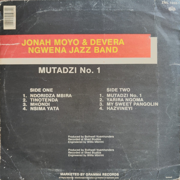 Image of Back Cover of LP - /VG - JONAH MOYO & DEVERA NGWENA JAZZ BAND, Mutadzi No. 1 (Zimbabwe; ZML 1035, Zimbabwe 1988), This copy does not have the sleeve.,  - 4126319E