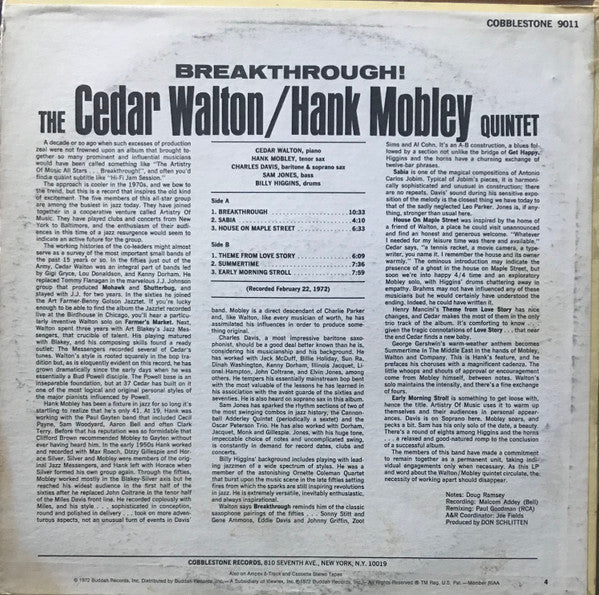 Image of Back Cover of LP - VG/VG - THE CEDAR WALTON / HANK MOBLEY QUINTET, Breakthrough (Cobblestone; CST 9011, US 1972, Laminated Front Pasteback Sleeve), Light marks, promo drill hole upper cover,  - 4146169S