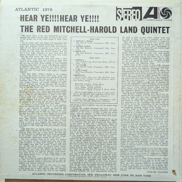 Image of Back Cover of LP - VG/VG - THE RED MITCHELL - HAROLD LAND QUINTET, Hear Ye!!!! Hear Ye!!!! (Atlantic; SD 1376, US 1962, Pasteback Sleeve), Light marks, foxing on back, number stamped lower back cover,  - 4146170S