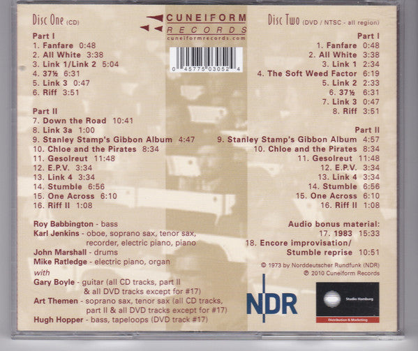 Image of Back Cover of 2xCD - VG+/VG+ - SOFT MACHINE, NDR Jazz Workshop (Cuneiform Records; Rune 305/306, US 2010, Jewel Case, CD + DVD), With 1 page press sheet, hole punched through barcode.,  - 4116329C