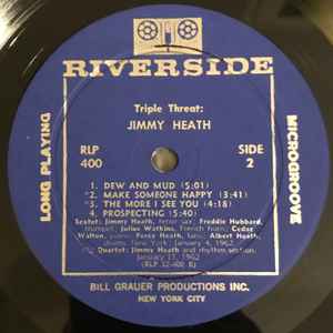 Image of Label Cover of LP - G+/VG - JIMMY HEATH, Triple Threat (Riverside Records; RLP 400, US 1962, Pasteback Sleeve, Mono), Hairlines, edge & ring wear, old price sticker, price stamped on back cover,  - 4146171S