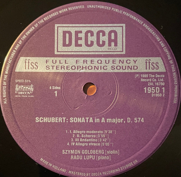 Image of Label Cover of 2xLP - VG+/VG+ - SZYMON GOLDBERG, RADU LUPU, Schubert: Music For Violin & Piano = Werke F�r Violin Und Klavier= Musique Pour Violin Et Piano (Decca; D195D2, UK 1981, Gatefold), ,  - 4126290E