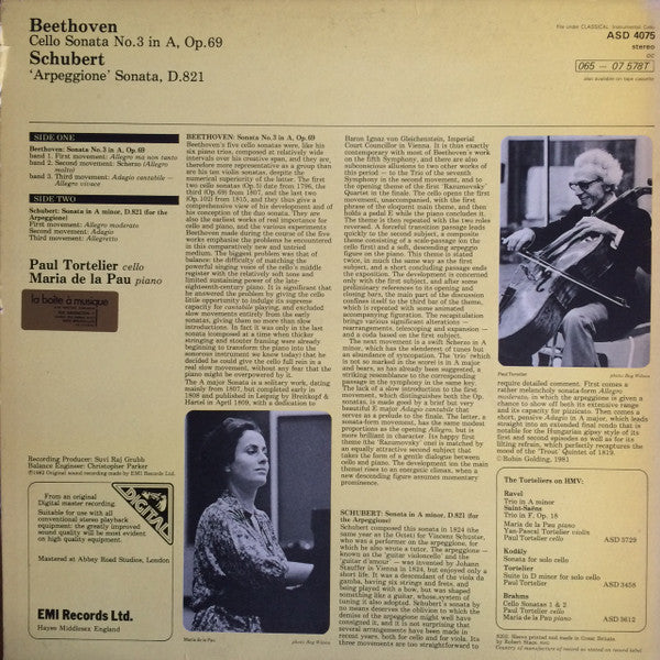 Image of Back Cover of LP - VG+/VG+ - PAUL TORTELIER, MARIA DE LA PAU, Schubert: Sonate "Arpeggione", Beethoven: Cello Sonata No. 3 in A, Op. 69 (His Master's Voice; ASD 4075, UK 1982), ,  - 4126291E