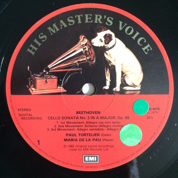 Image of Label Cover of LP - VG+/VG+ - PAUL TORTELIER, MARIA DE LA PAU, Schubert: Sonate "Arpeggione", Beethoven: Cello Sonata No. 3 in A, Op. 69 (His Master's Voice; ASD 4075, UK 1982), ,  - 4126291E