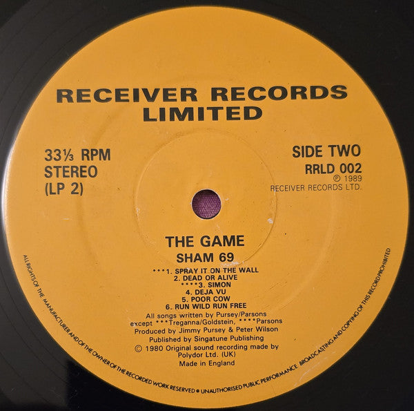 Image of Label Cover of 2xLP - VG/G+ - SHAM 69, The Adventures Of Hersham Boys / The Game (Receiver Records Limited; RRLD 002, UK 1989 Reissue, Gatefold), Light marks only,  - 4116246C