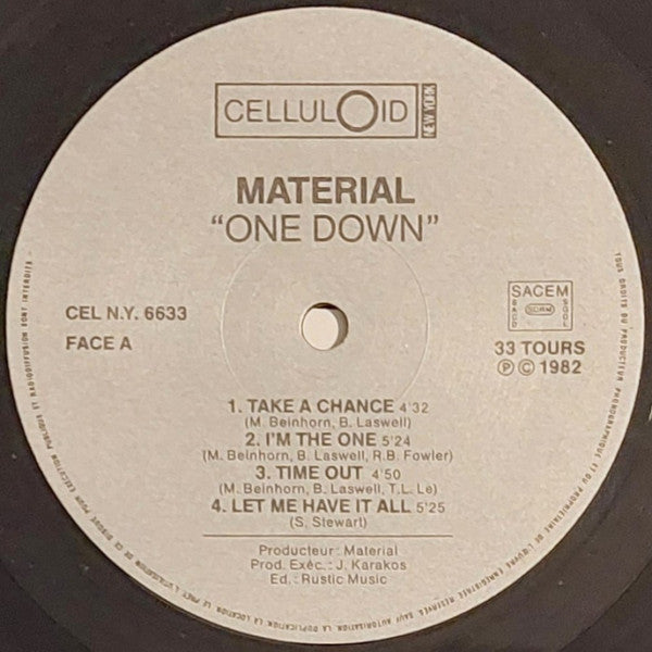 Image of Label Cover of LP - VG/VG - MATERIAL, One Down (Celluloid New York; CEL NY 6633, France Reissue, Insert), ,  - 4126326E
