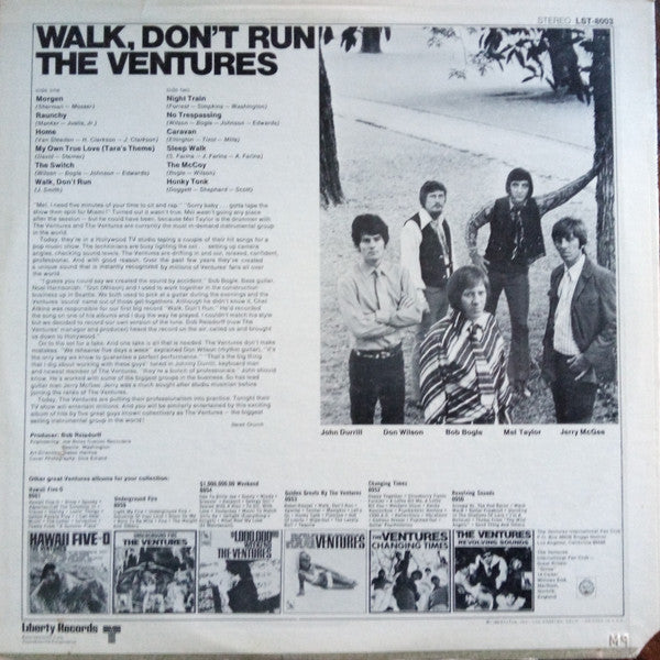 Image of Back Cover of LP - VG/VG - THE VENTURES, Walk Don't Run (Liberty; LST-8003, US 1970 Reissue, Pasteback Sleeve), Mottling, light marks only. Still in shrinkwrap. Wear to opening edge. Company inner.,  - 4146194S