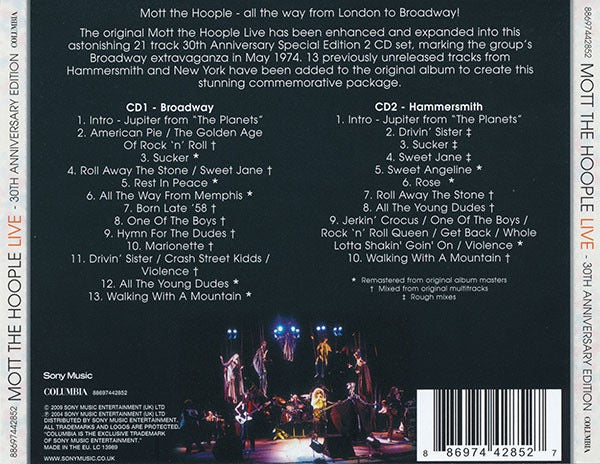Image of Back Cover of 2xCD - VG+/VG+ - MOTT THE HOOPLE, Mott The Hoople Live - 30th Anniversary Edition (Columbia; 88697442852, Europe 2009 Reissue, Double CD Case), ,  - 4116301C