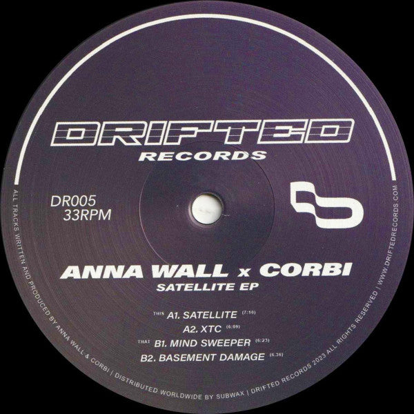 Image of Front Cover of 12" EP - /VG+ - ANNA WALL X CORBI, Satellite EP (Drifted Records; DR005, UK 2023), , The 5th release from Drifted featuring Anna Wall & Corbi opens with the title track, �Satellite�, a thumping 4 4 style club cut that immediately sets the tone for the rest of the EP. This track has a relentless beat that will keep the club jumping. �XTC� follows on the A2, a composition that showcases true rave textures. On the flip side, �Mind Sweeper� is a real bad boy that is sure to melt the danc