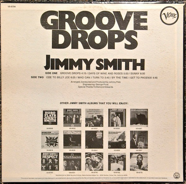 Image of Back Cover of LP - VG+/VG - JIMMY SMITH, Groove Drops (Verve Records; V6-8794, US 1969), Record has a few light hairlines. Sleeve has one bumped corner. ,  - 4126332E