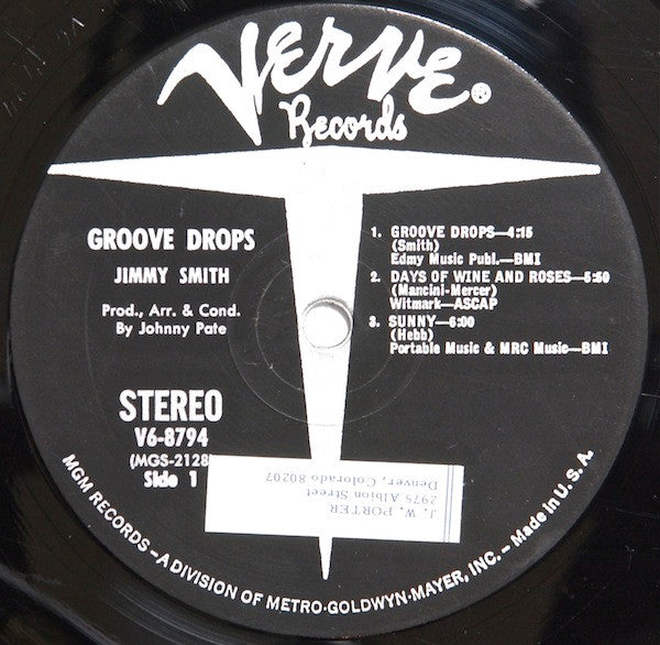 Image of Label Cover of LP - VG+/VG - JIMMY SMITH, Groove Drops (Verve Records; V6-8794, US 1969), Record has a few light hairlines. Sleeve has one bumped corner. ,  - 4126332E