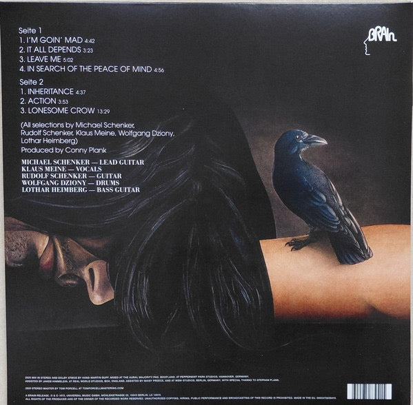 Image of Back Cover of 2xLP - NEW/NEW - SCORPIONS, Lonesome Crow (Brain; 758 3941, Germany 2026, Limited Edition, Remastered, Transparent Vinyl), , A psychedelic hard rock debut with bluesy guitar, long instrumental passages and a spacey early 70s sound. A fascinating glimpse of the Scorpions before they became arena rock heavyweights. - 4036175E